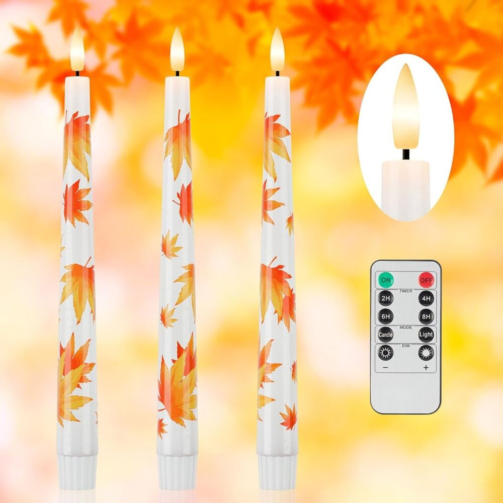 Fall Flameless Taper Candles, 9.6" Maple Leaf Battery Operated Candles with Remo
